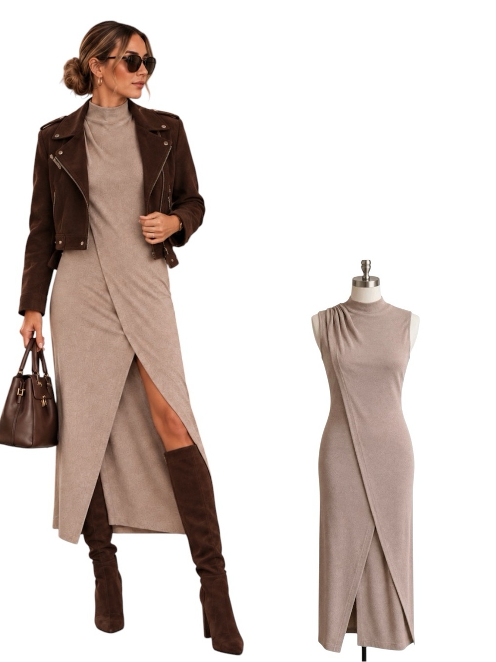 Zara Taupe Knit Midi Dress Draped Mock Neck Asymmetrical Size S